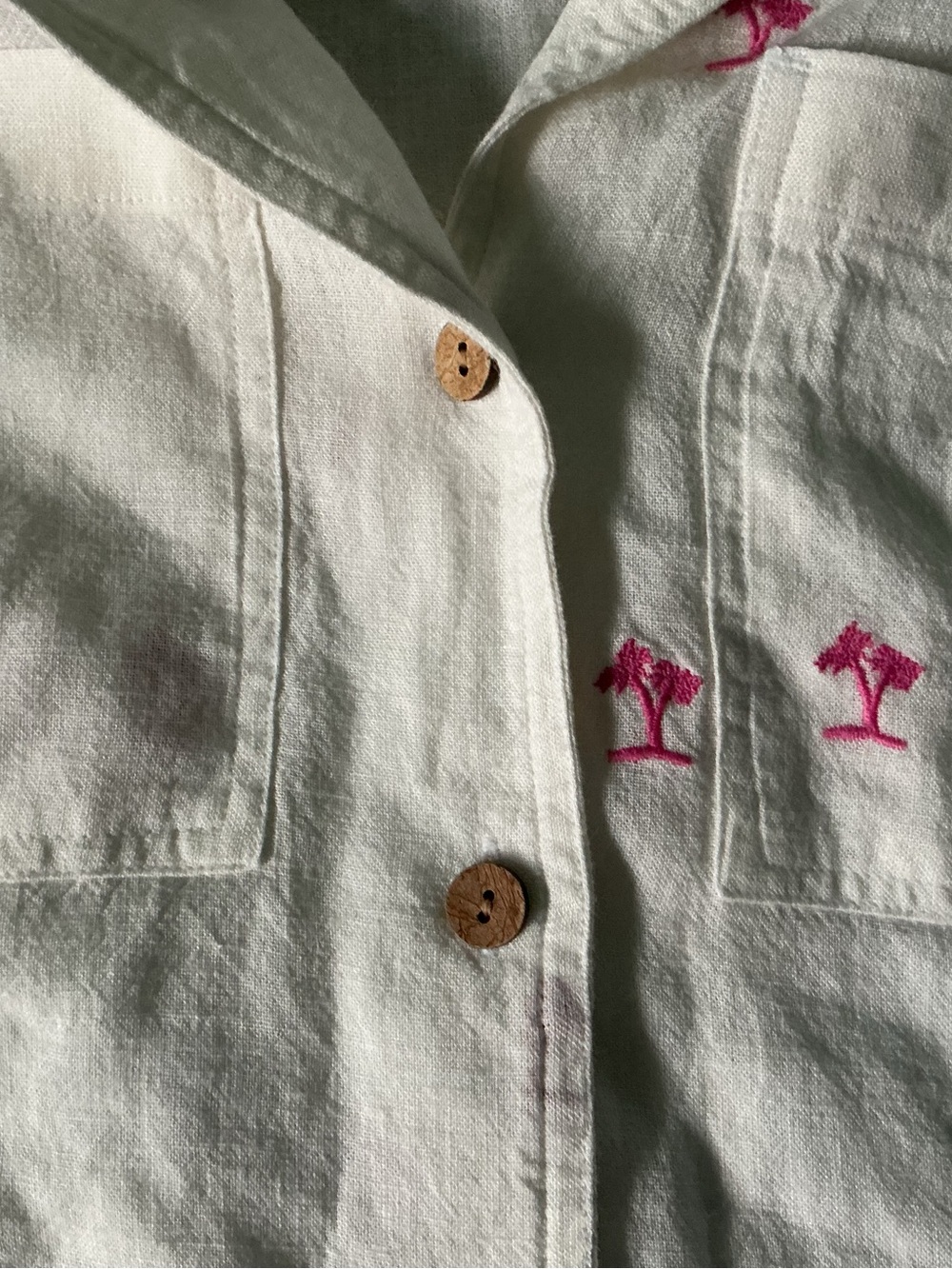 Embroidered Palm Tree Button-Front Shirt - White with Pink Palms - Picture 3 of 4